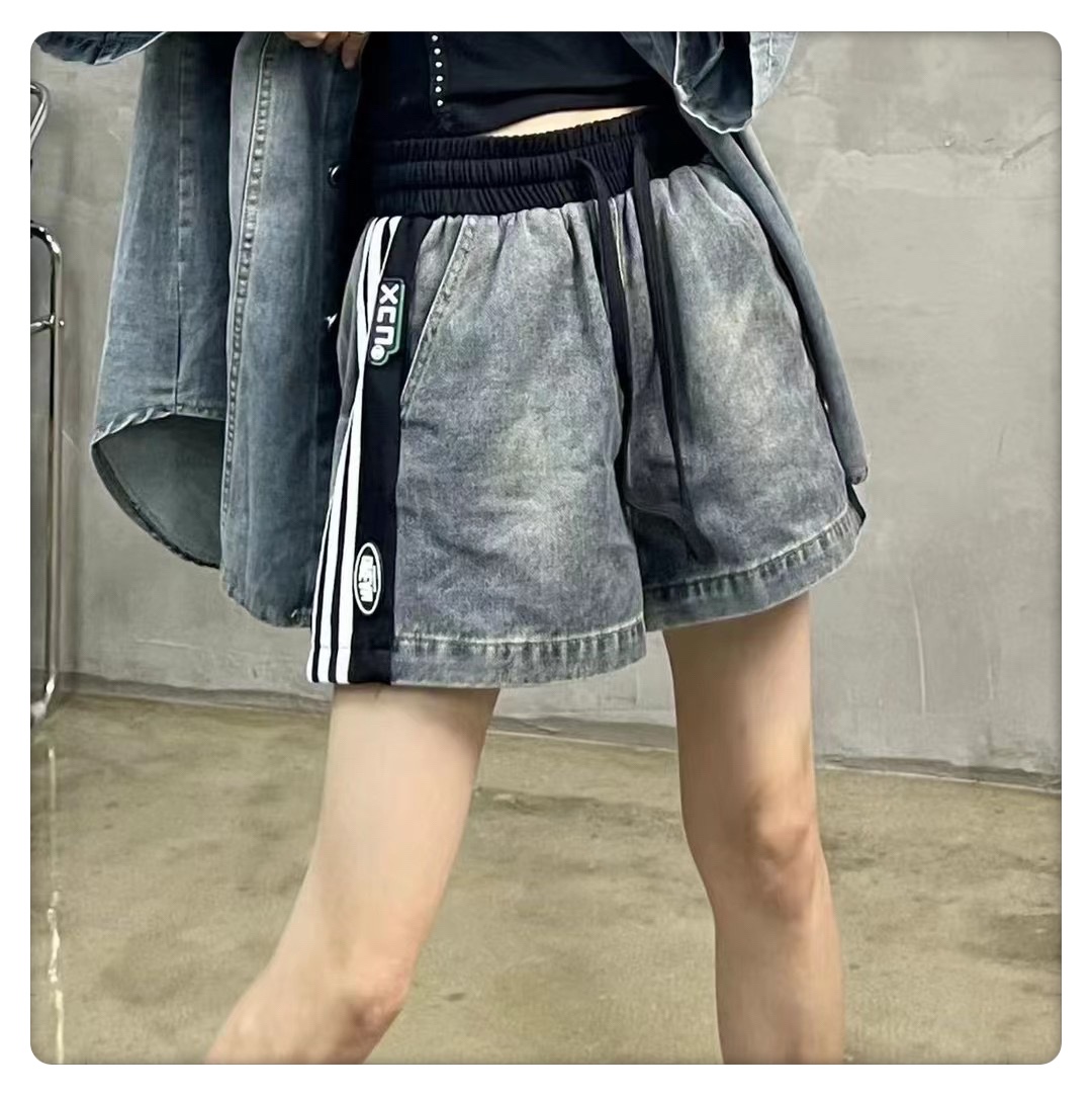 欧货热裤女2023夏季新款时尚美式牛仔侧面三条杠贴标A字ins短裤潮