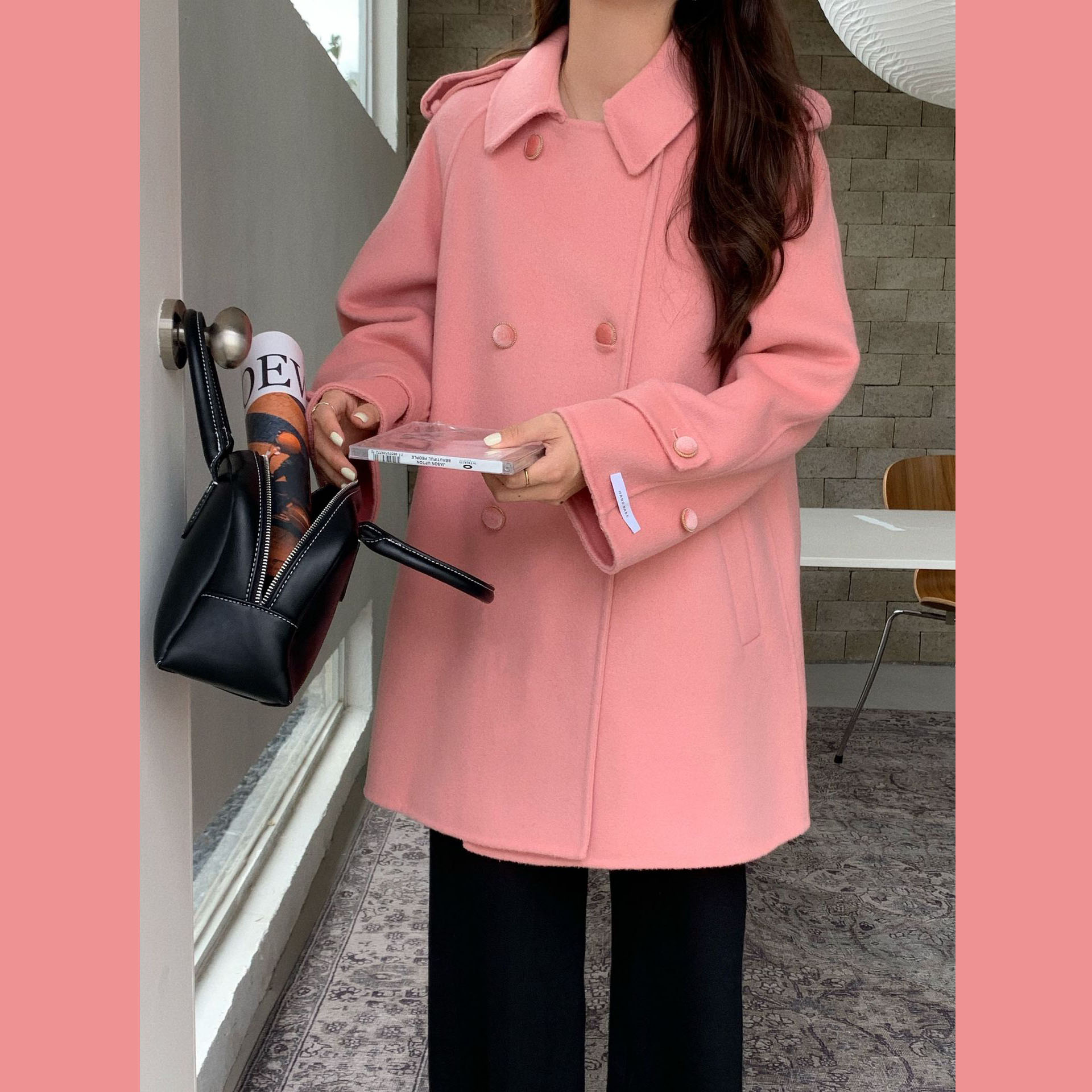 huixis慧慧家女装的优惠券大全—赫本风粉色双面羊毛呢大衣女宽松直筒