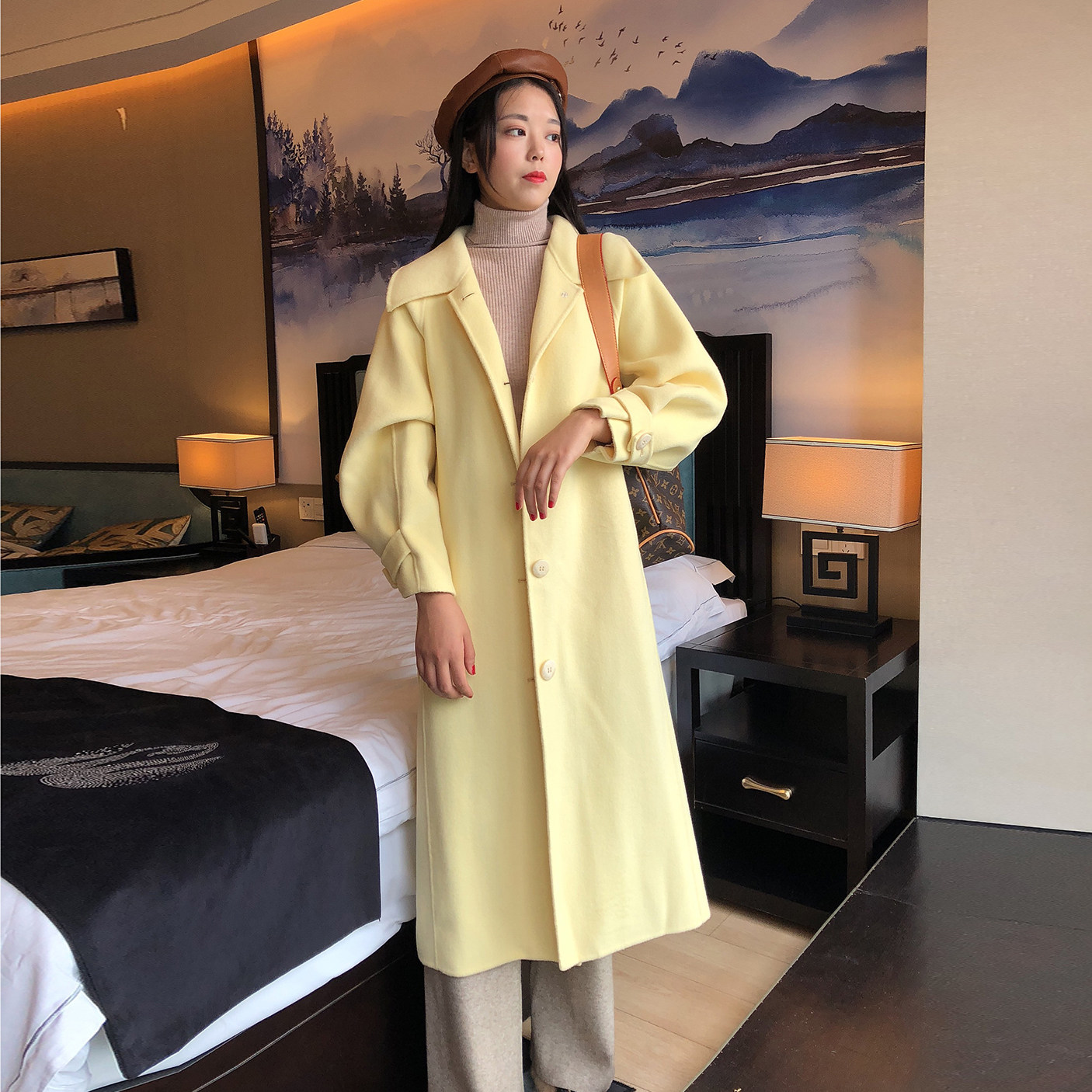 双面羊绒大衣女黄色