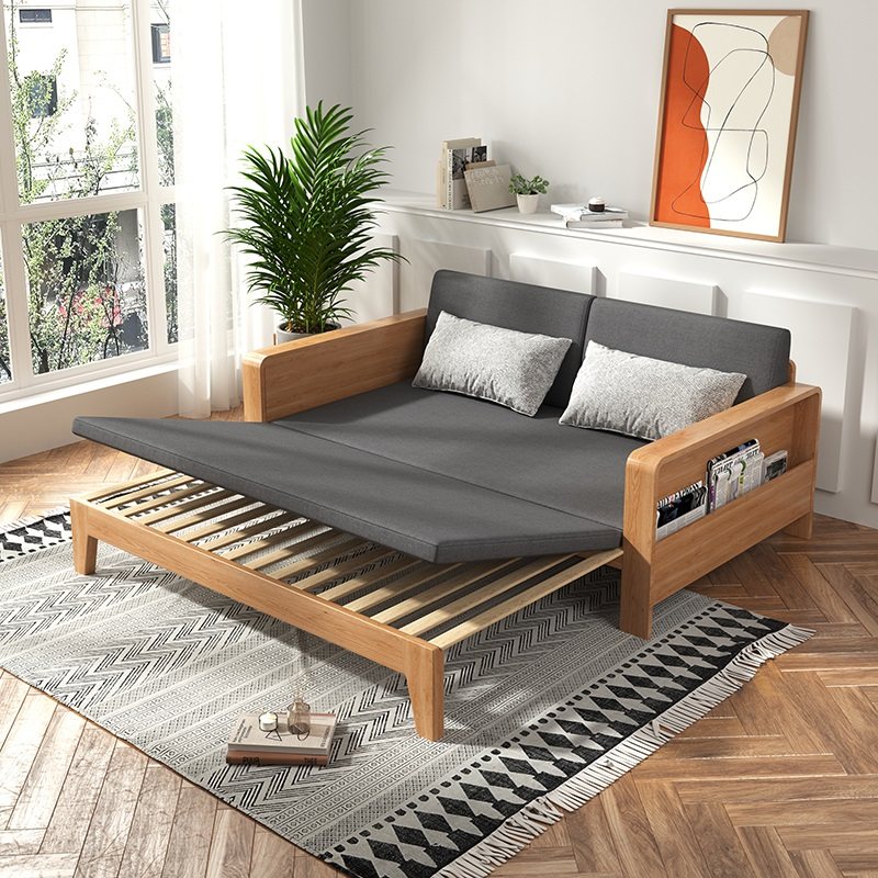 日式小户型实木沙发床可折叠坐卧两用床客厅榻榻米推拉床抽拉式
