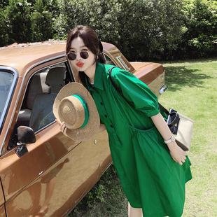 绿色连衣裙女夏2022新款韩版盐系温柔风气质高级设计感小众衬衫裙