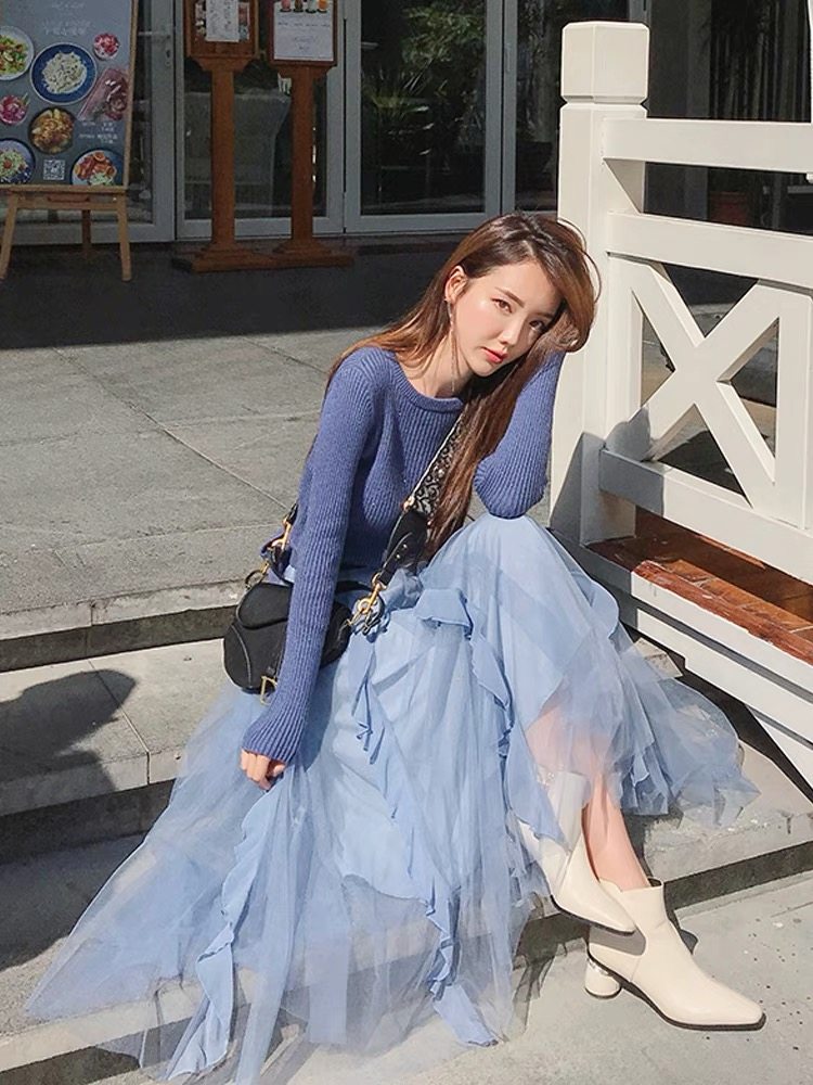 雾霾蓝套装女2018秋冬新款圆领长袖针织毛衣配网纱半身裙两件套潮
