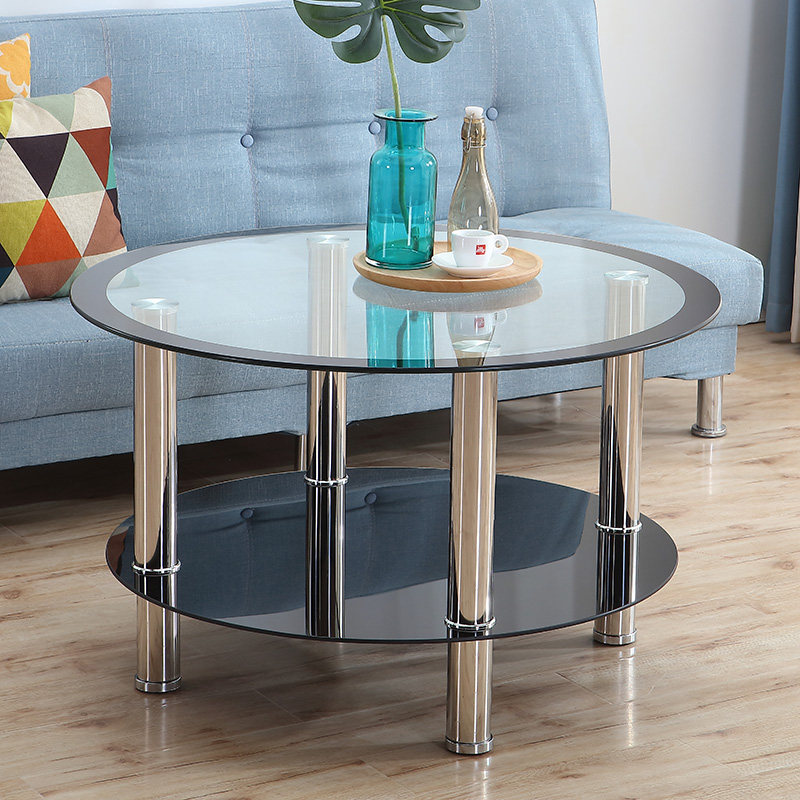 (今日5折)客厅钢化玻璃圆形茶几简约现代小户型双层桌子茶桌家用小圆