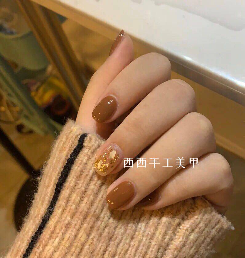 棕色短款贝壳假指甲成品甲片手工定制美甲显白穿戴光疗甲片孕妇