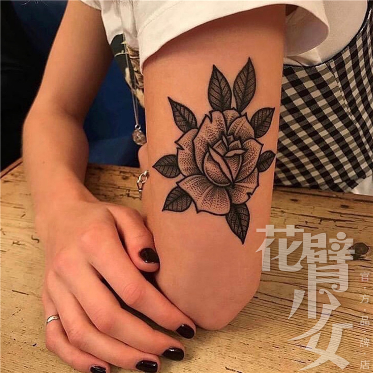 花臂少女tattood145复古黑白玫瑰花朵叶子花臂纹身贴防水刺青