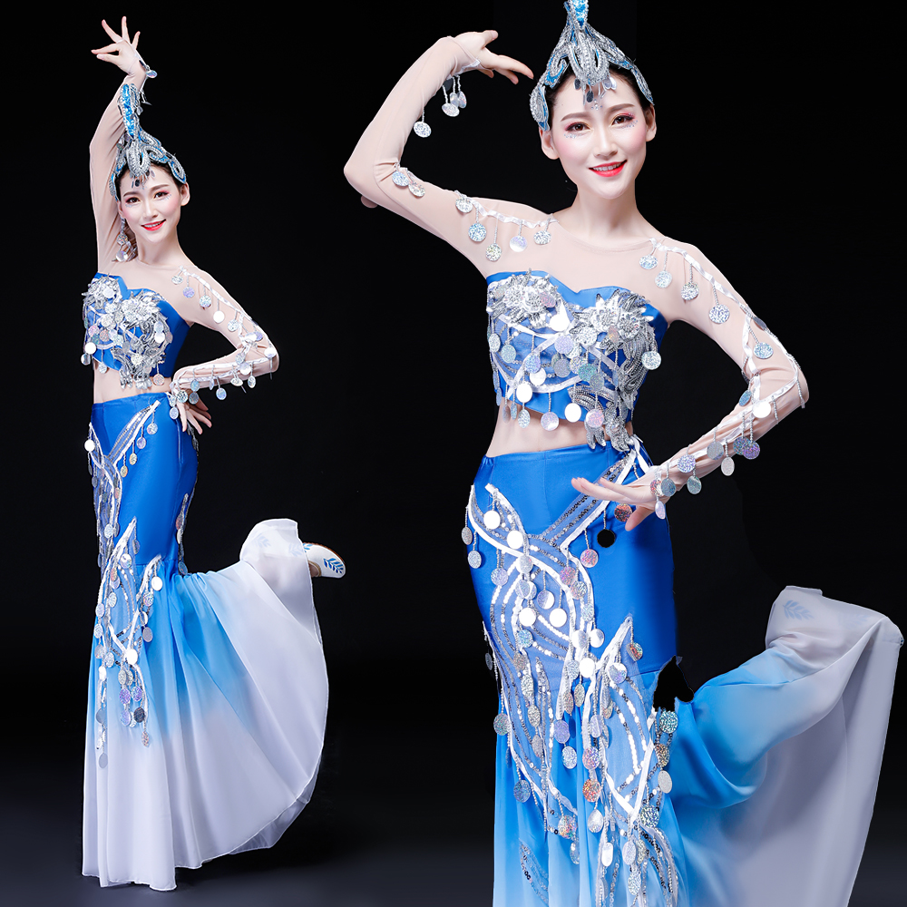 水之灵成人亮片傣族舞孔雀肚皮舞舞蹈演出舞台服装新款2019新款女