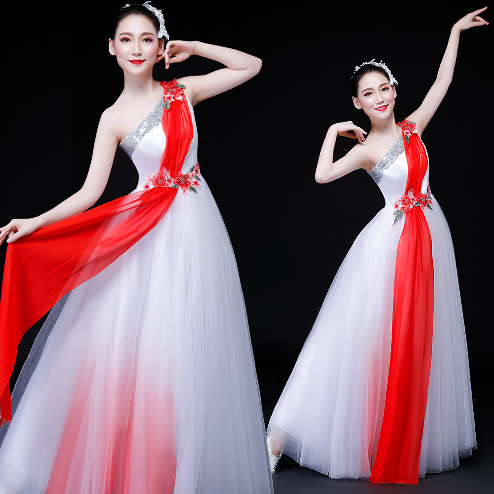 菲凡新娘新款歌伴舞开场舞大合唱团舞蹈演出舞台服装连衣裙长裙女