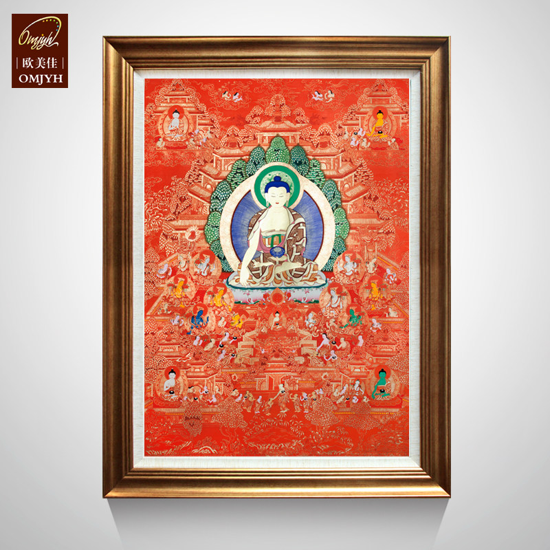 中式玄关佛堂东南亚装民族风饰画藏式唐卡有框挂画 释迦摩尼静土