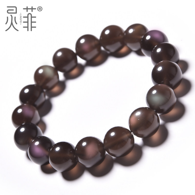 收藏级冰种黑曜石手链天然彩虹眼黑耀石珠子散珠串珠佛珠手串男女