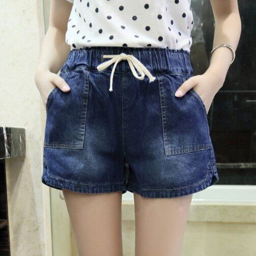 胖mm牛仔短裤女春夏200斤大码抽绳阔腿裤松紧腰显瘦宽松a字热裤衩