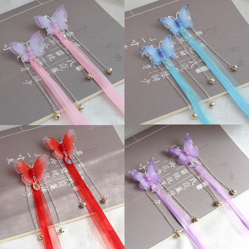 包邮 儿童中国风水貂毛花朵步摇发夹 汉服飘带头饰旗袍拍照发饰