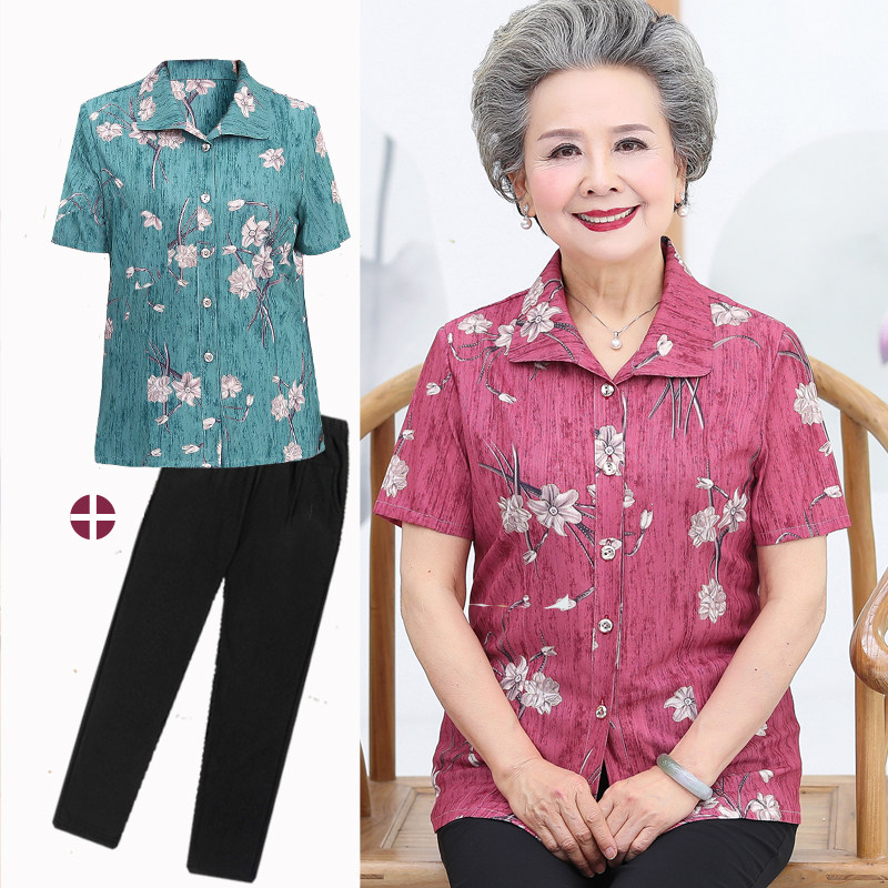 中老年人夏装女妈妈装短袖上衣奶奶夏天套装60岁70老太太衣服凉快