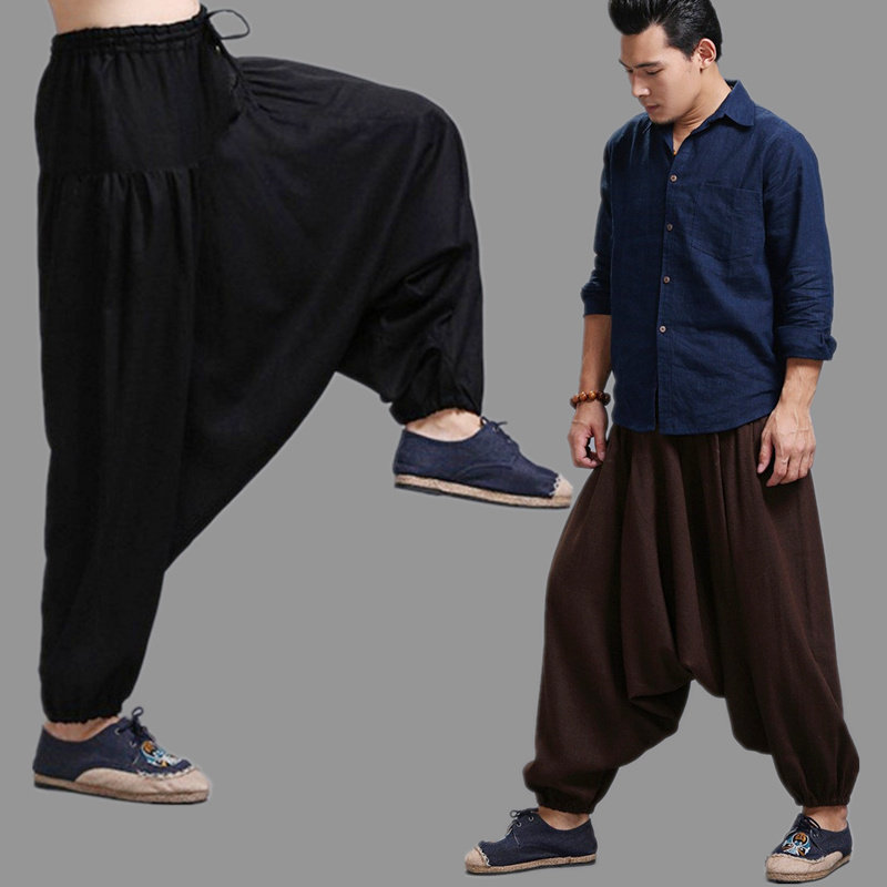 尼泊尔亚麻料大裆裤男装加肥大码潮瑜伽禅修练功打坐街舞蹈灯笼裤