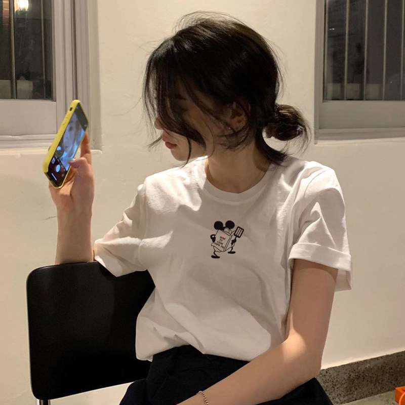 夏新款卡通做饭看书米奇淑女小众ins韩风短袖情侣t恤白纯棉女上衣