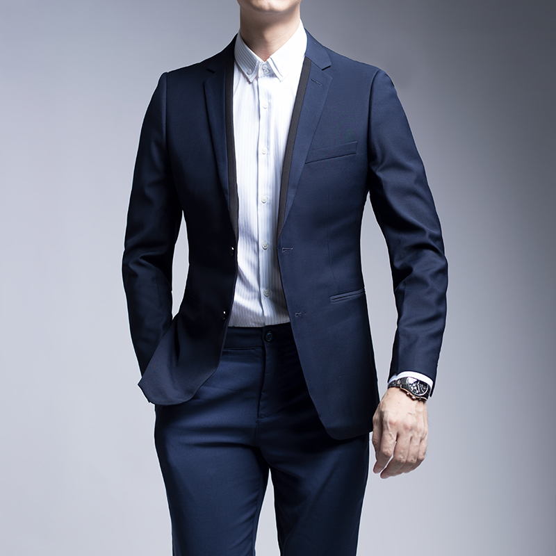秋冬新款男士西装修身单西男时尚商务正装礼服深蓝色西服外套男
