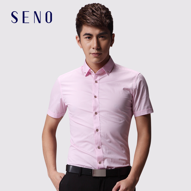 SENO男士商务短袖衬衫粉色结婚新郎英伦修身粉红色纯棉衬衣大小码