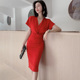 2024新款修身气质包臀V领性感中长款东大门设计熟女装红色连衣裙