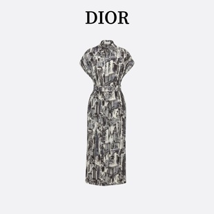 Dior/迪奥 24夏季新款黑白纽约图案中长款衬衫式短袖收腰连衣裙女