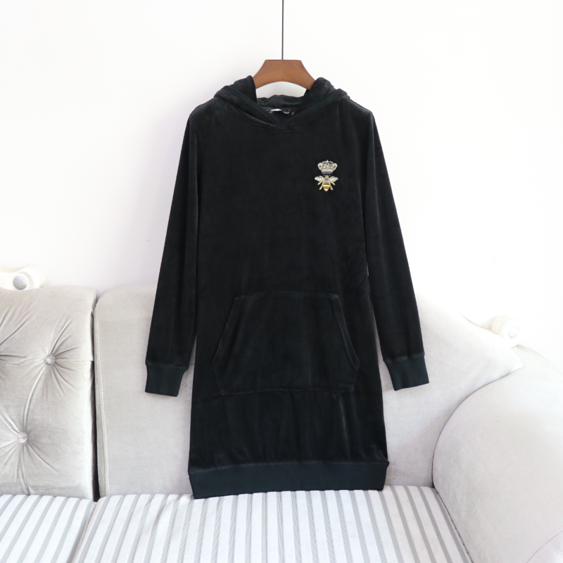 特价出口意大利尾货 女春秋新品棉丝绒平绒中长款修身卫衣裙 连帽