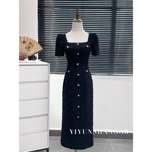 黑色复古方领短袖连衣裙女夏季长裙气质高级感法式赫本风礼服裙子