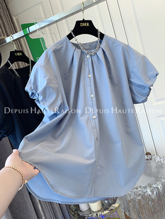 DHR 法式设计绝美泡泡袖短袖衬衫宽松chic小衫上衣女韩版蓝色白色