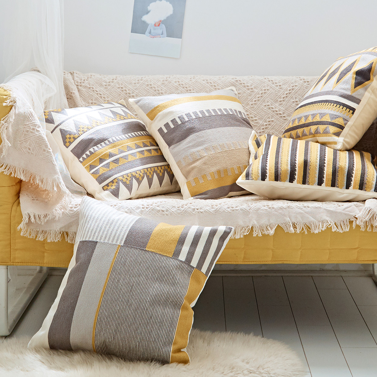 一折情侣抱枕套_小井家全棉毛巾绣抱枕腰枕 ins风格情侣沙发靠枕套