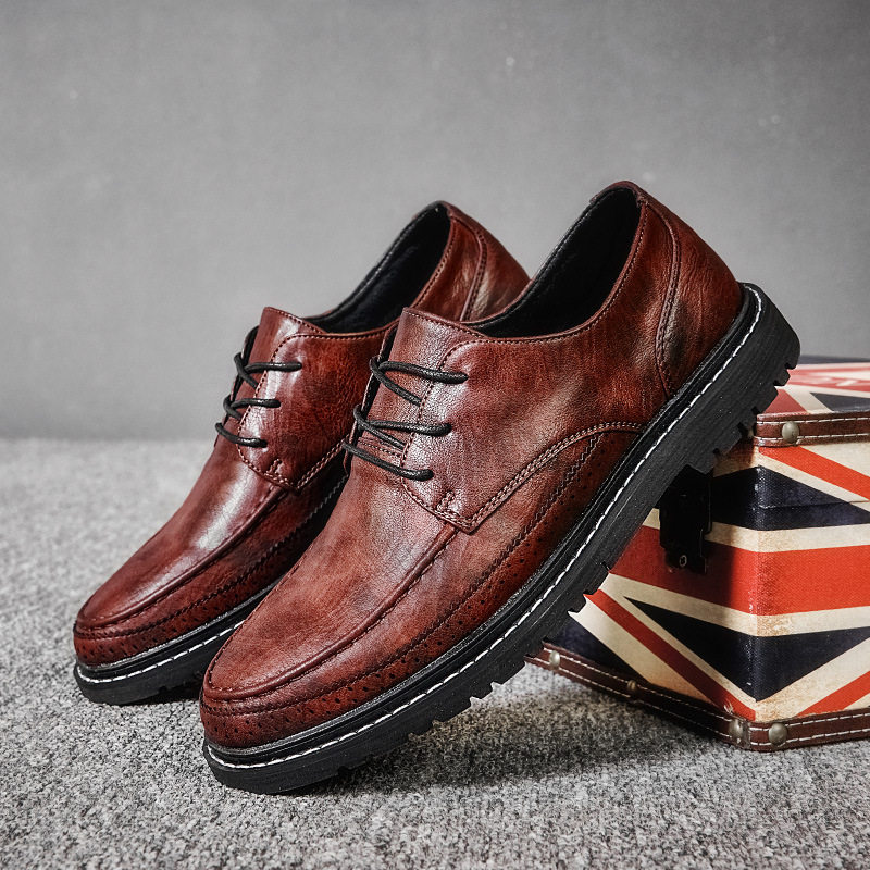 夏秋男士软面系鞋带男鞋青年人韩版英伦商务休闲红棕色园圆头皮鞋