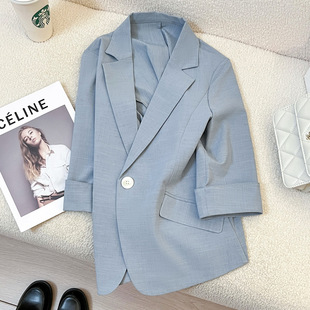 2024夏季新款蓝色薄款西装外套女小个子高级感气质炸街短款小西服