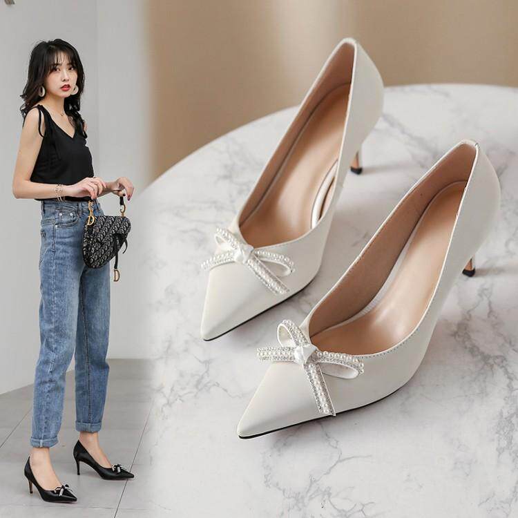 熙漫2021秋冬新款时尚羊猄单鞋细跟水钻链高跟鞋尖头通勤气质女鞋