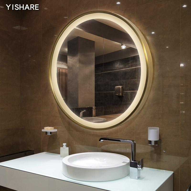 Yishare北欧壁挂圆形带灯卫生间镜子挂墙led智能浴室镜不锈钢边框