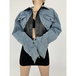 zozo 先锋时髦辣妹设计感拼接牛仔外套欧美炸街短款休闲复古夹克