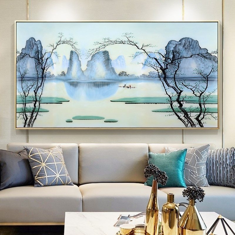 新中式客厅沙发背景墙挂画玄关走廊现代简约背有靠山招财风水壁画