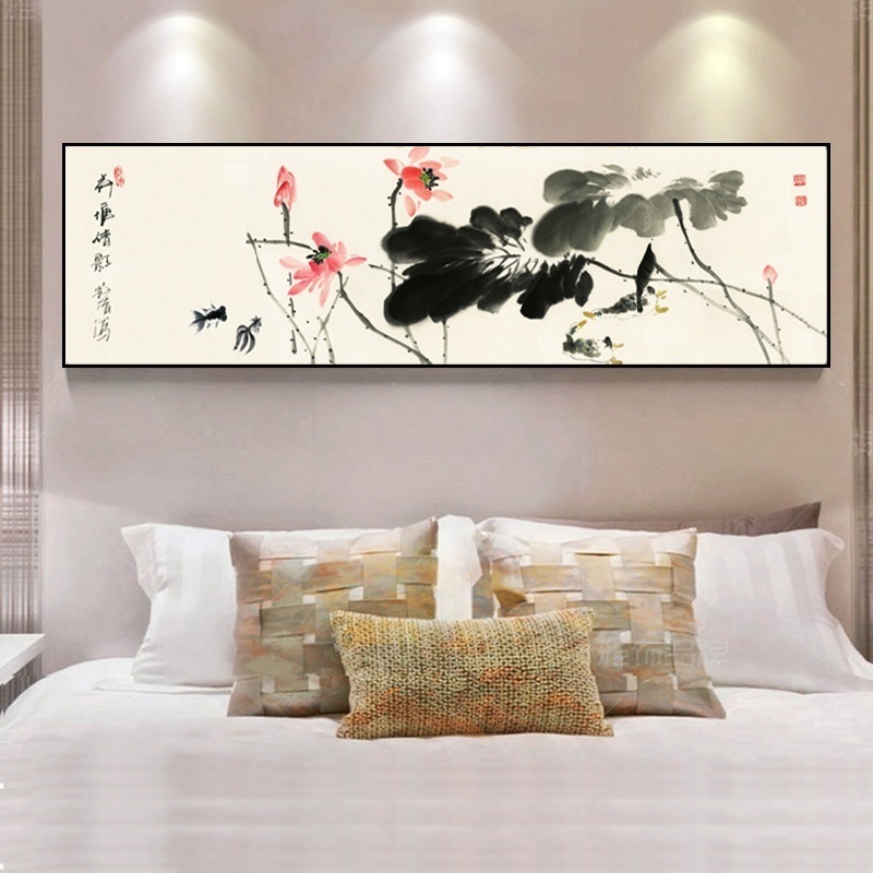 卧室床头客厅沙发书房国画128元中式荷花花瓶自粘客厅沙发床头贴画9