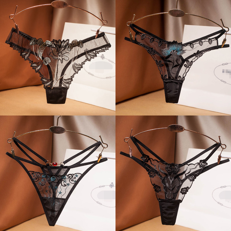 丁字裤女性感蕾丝透明网纱刺绣女士内裤性惑情调火辣勒阴新款
