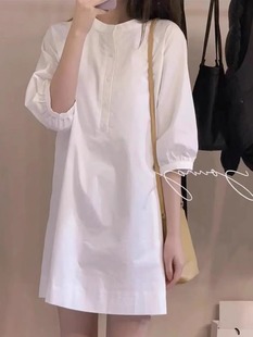 欧货简约白色衬衫连衣裙女夏设计感小众小个子气质圆领单排扣裙子