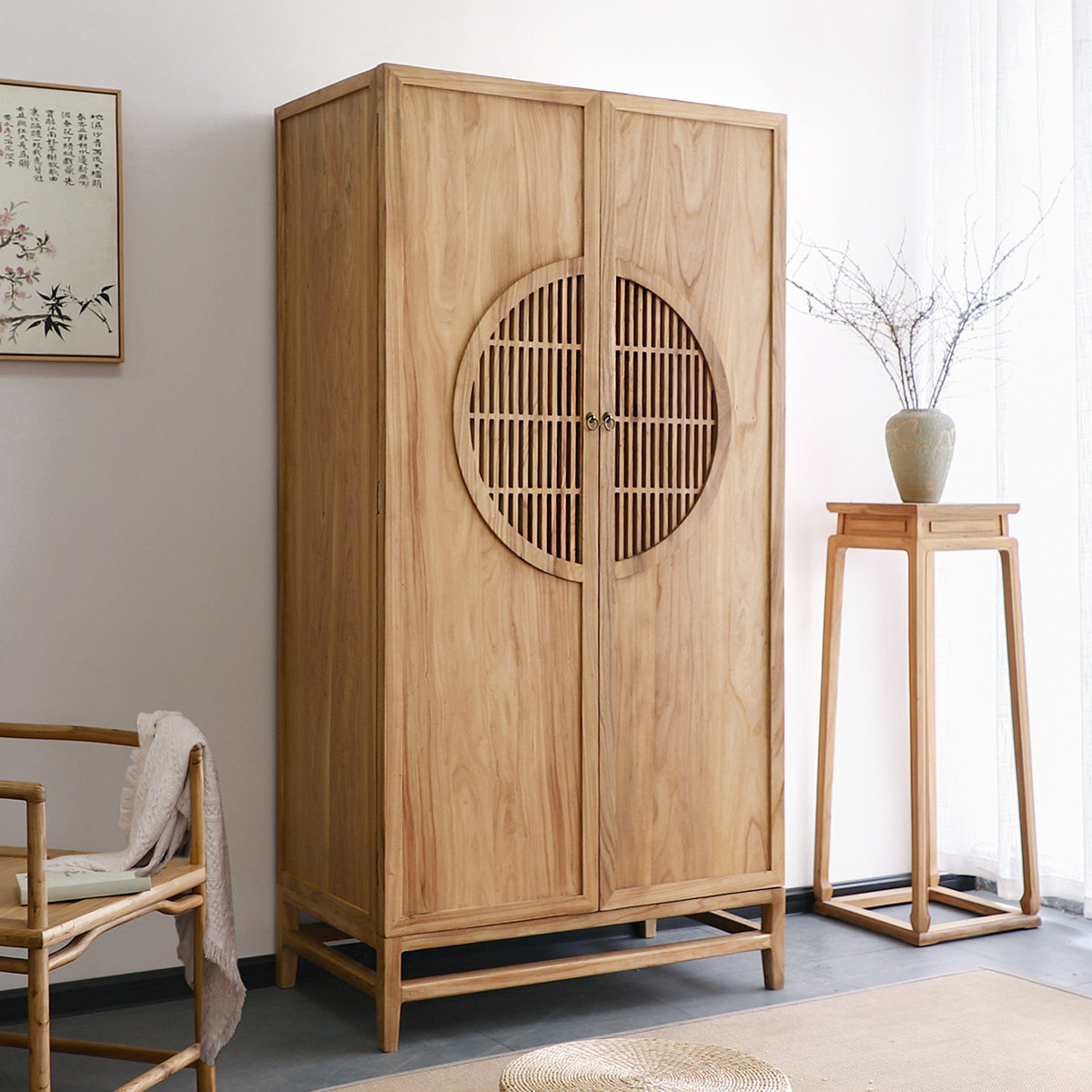 热销乌金木衣柜 新中式_新中式对开门实木衣柜民宿酒店小衣柜阳台收纳