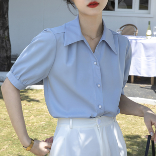 蓝色短袖衬衫女设计感小众雪纺白衬衣夏季高级感职业气质领上衣