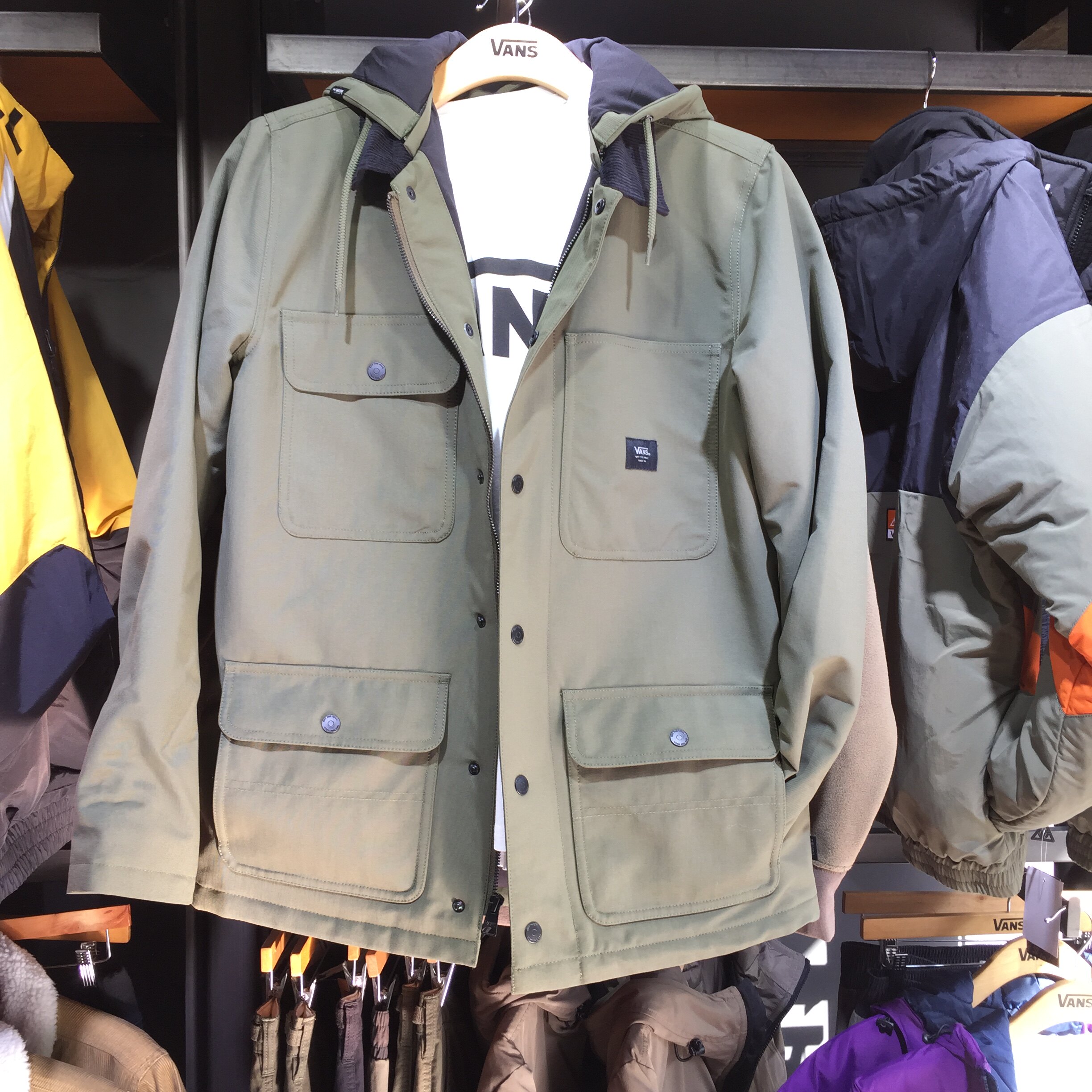 vans范斯冬男款中长连帽棉服加厚绿色工装夹克外套vn0a45apkcz