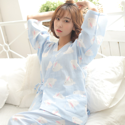 和式睡衣女春夏和服纯棉纱布薄款长袖小白兔孕妇产妇哺乳喂奶衣
