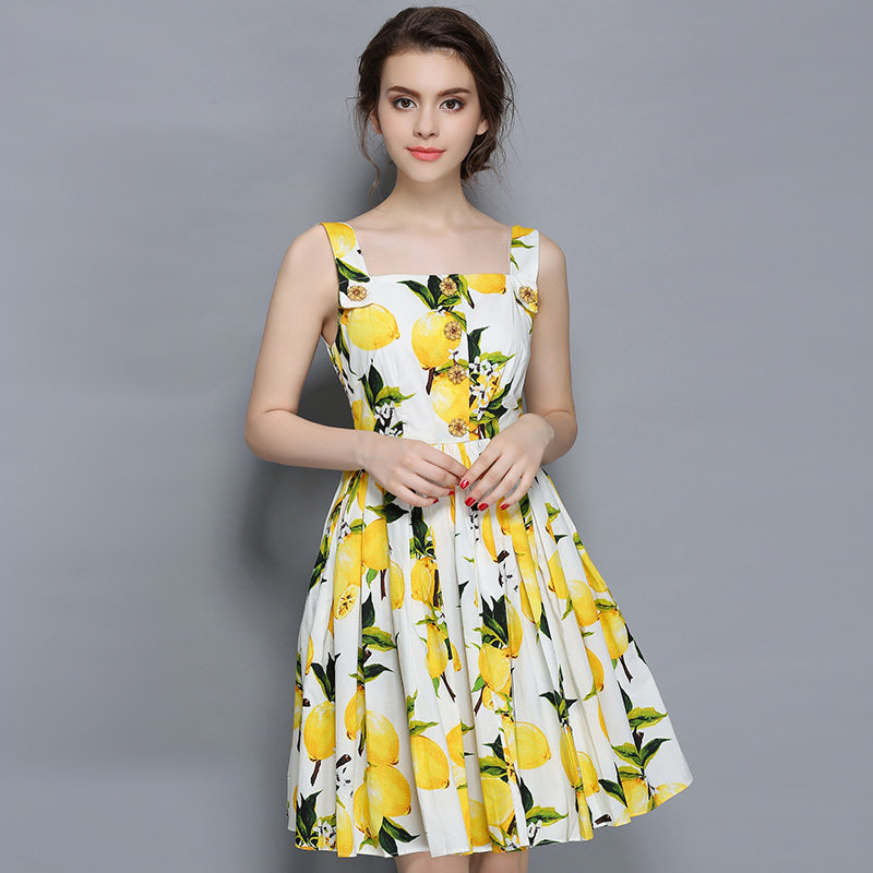 柠檬印花吊带连衣裙 欧美夏季新款修身背心裙小清新碎花连衣裙