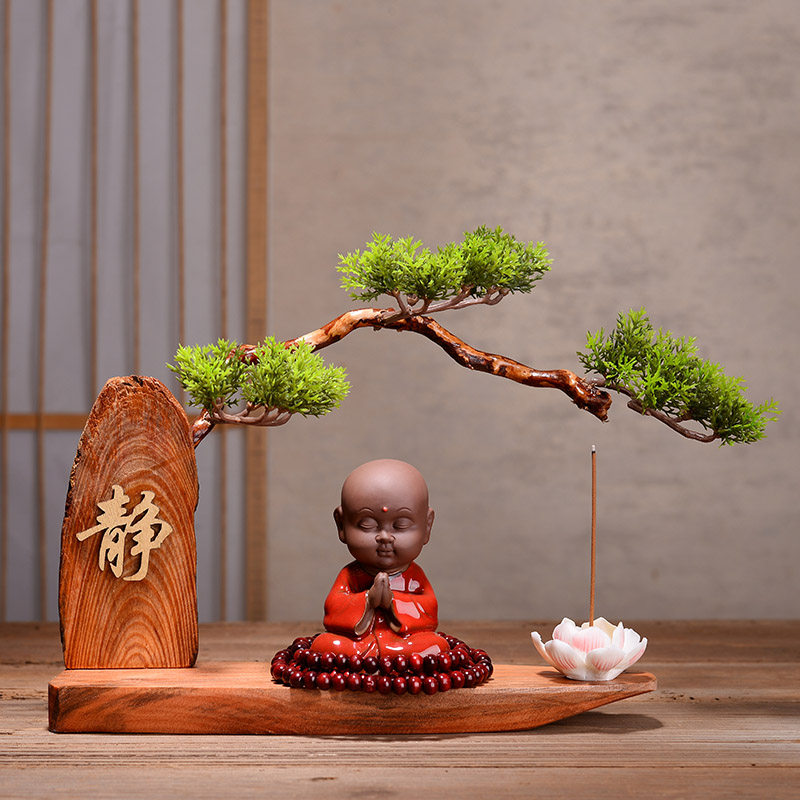 中式禅意摆件陶瓷小和尚家居客厅电视柜根雕茶几红酒架店铺装饰品