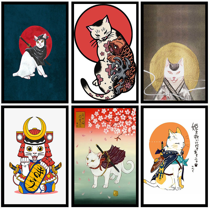 日式和风挂画纹身店装饰画刺青日本武士猫浮世绘寿司店料理店挂画