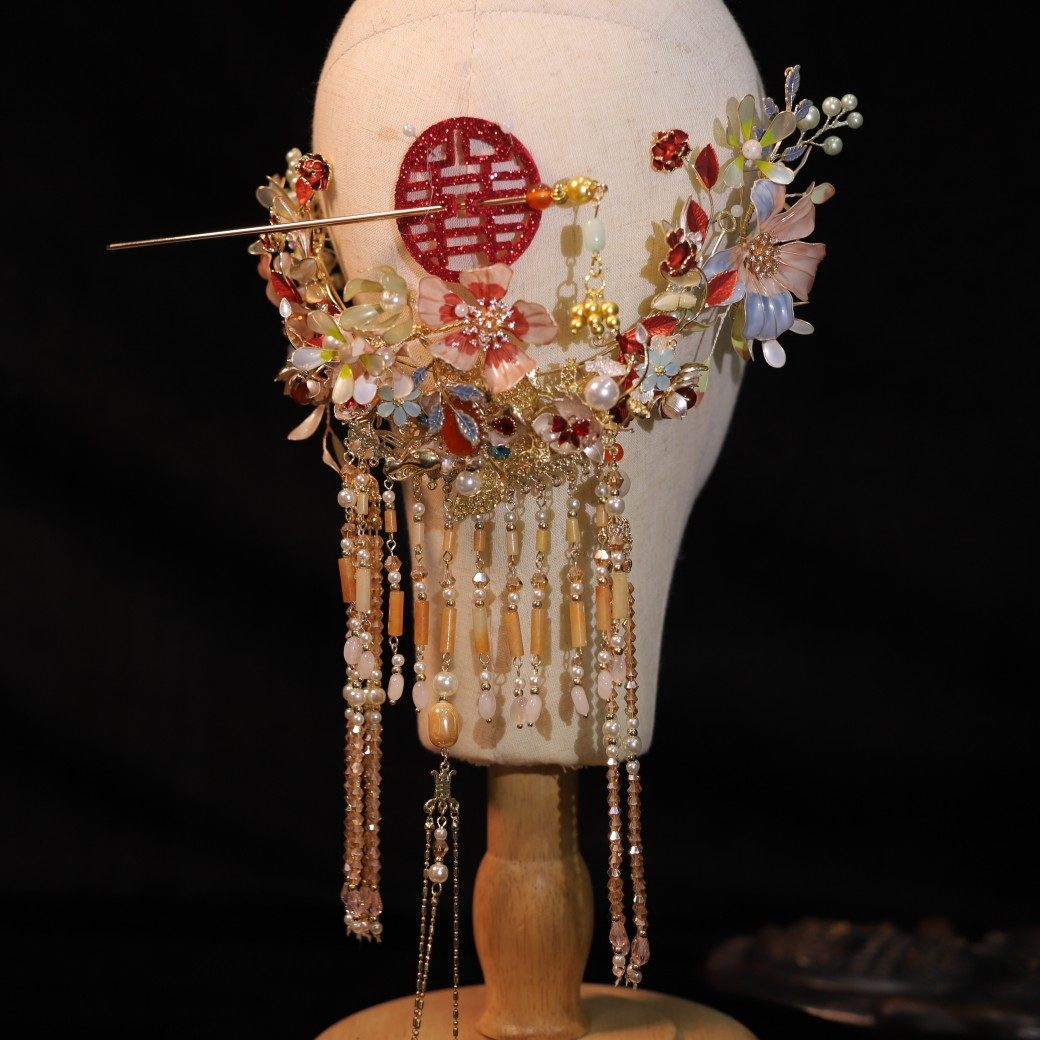 新品减龄新古风秀禾头饰喜结连理古风发簪造液花头饰婚礼跟妆—发饰