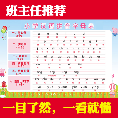 一年级汉语拼音字母表全套墙贴幼儿园声母韵母整体认读音节表挂图