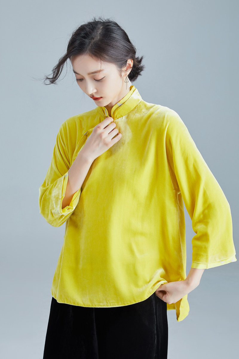 zz0103鹅黄真丝丝绒中国风中式春季长袖宽松偏襟立领唐装上衣女