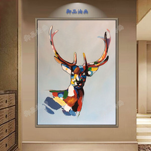 手绘立体抽象动物油画欧式现代客厅餐厅玄关挂画装饰画 吉祥之鹿