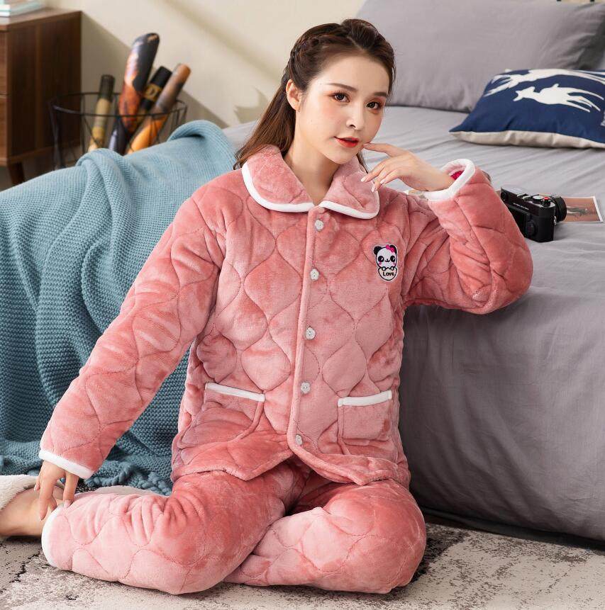 睡衣女冬季加厚保暖可爱珊瑚绒秋冬棉袄法兰绒三层夹棉套装家居服