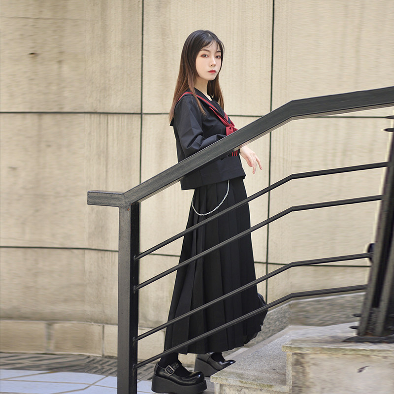 pj up jk制服裙 黑色【不良少女裙】 暗黑百褶裙女纯色jk长裙春秋