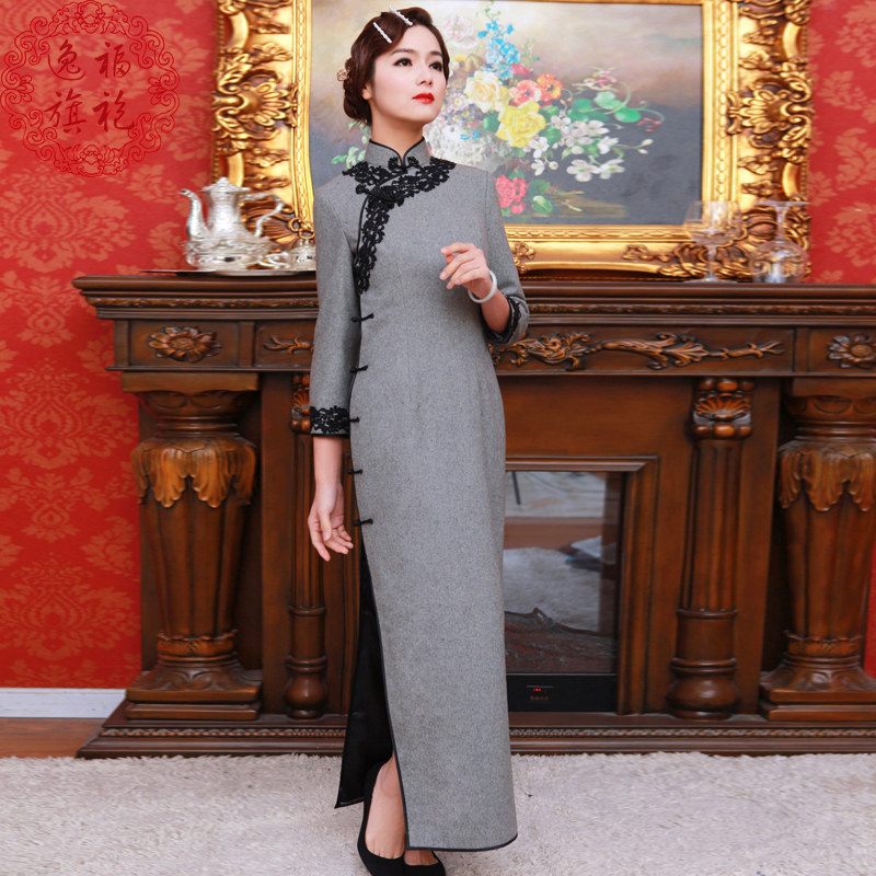 逸福秋冬旗袍 长款长袖灰色毛呢 蕾丝边日常 老上海民国风高档
