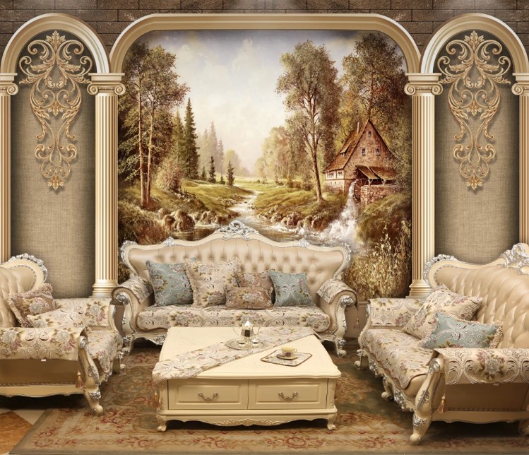 x0897欧式电视背景墙欧式罗马柱艺术复古客厅沙发电视背景墙壁画